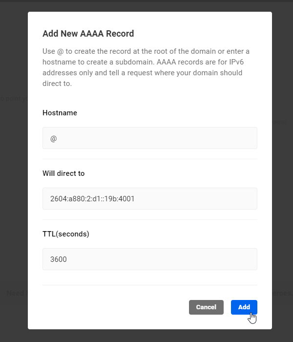 Add New AAAA Record screen.