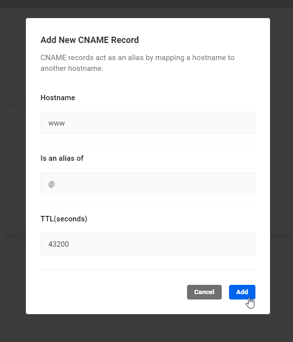 Add New CNAME Record screen