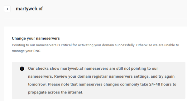 Message displayed if nameserver settings not propagated.