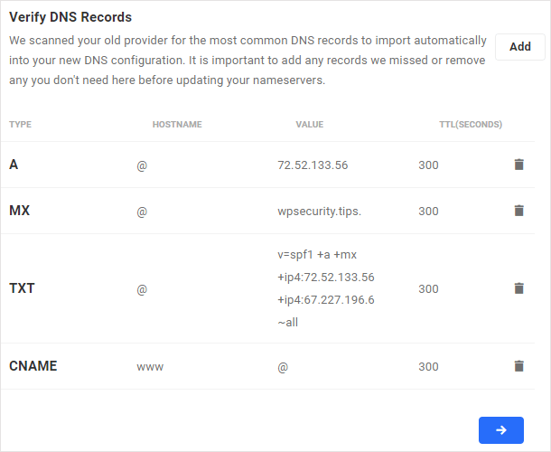 Verify DNS records screen displaying scanned DNS records from existing provider.