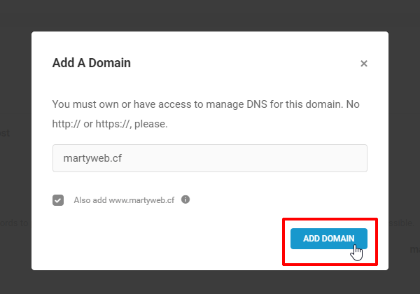 Add A Domain screen with Add Domain button highlighted.