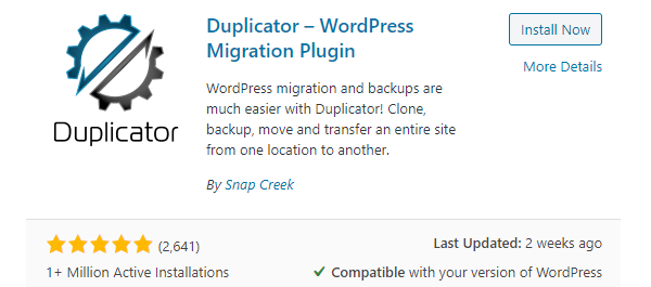 Screenshot from wordpress.org of the Duplicator plugin.