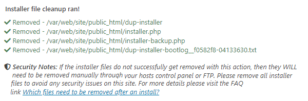 Screenshot showing the message awaiting on WordPress regarding the successful cleanup of files.