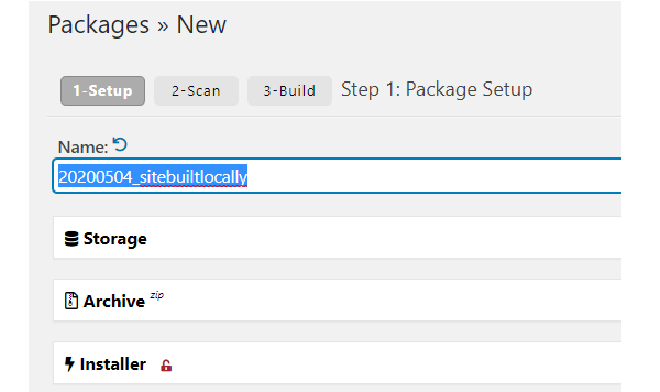 Screenshot of the new package screen where you can name your package.