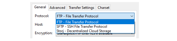 Screenshot of FileZilla showing how to switch from SFTP to FTP.