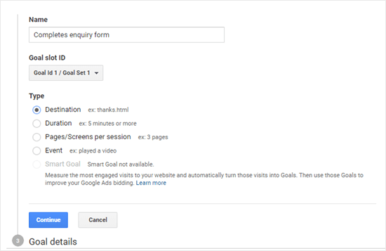 Creating a destination goal in Google Analytics