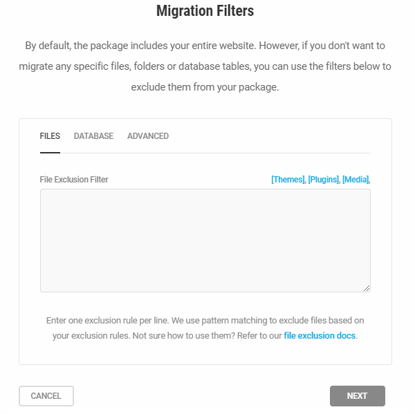 Screenshot showing the migration filter screen where you can select any files you don't want to be ported across.