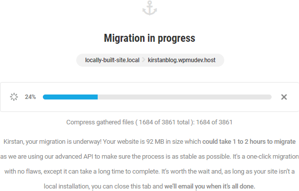 Screenshot showing the progress bar of the migration and an estimate of a total time of 1-2 hours.