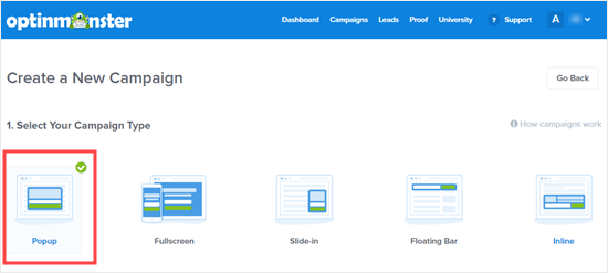 Leave 'Popup' selected for your campaign type