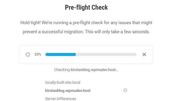 Screenshot of the pre-flight check, showing the progress bar as it checks your files to make sure everything is ready for the transfer.
