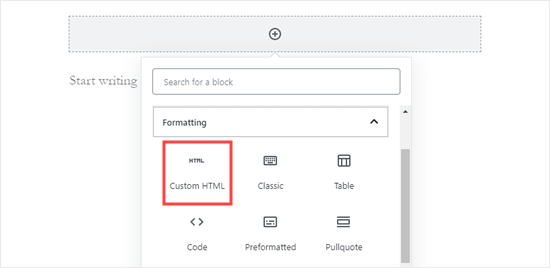 Adding a custom HTML block in WordPress