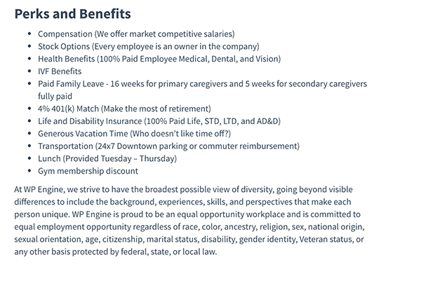 A sample of benefits for a tech support role at WP Engine.