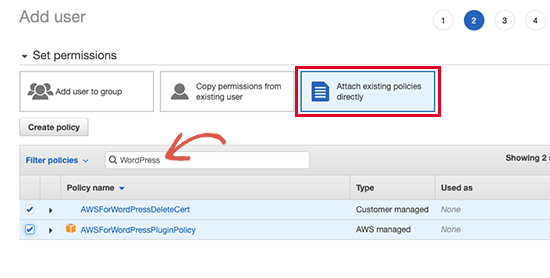 Attach policies to the user account Attach policies to the user account
