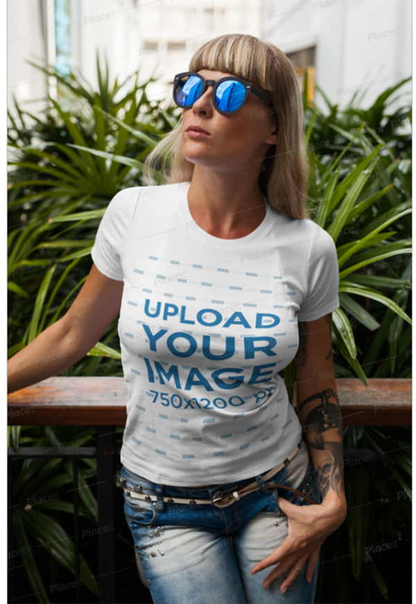 T-Shirt Mockup Featuring a Stylish Tattooed Woman