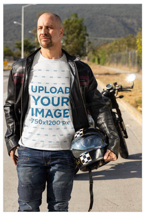 T-Shirt Mockup Featuring a Biker Carrying His Helmet