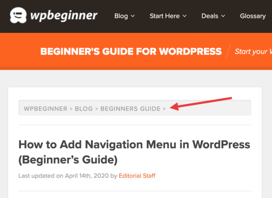 Breadcrumbs displayed on WPBeginner website