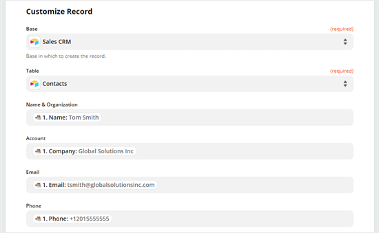 Customize your record by selecting what data should populate which column of your Airtable table