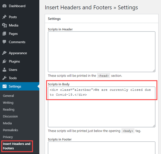 Adding the HTML code using the Insert Headers and Footers plugin