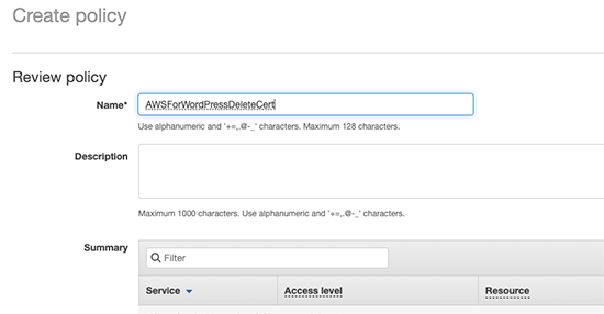 Naming the IAM policy Naming the IAM policy