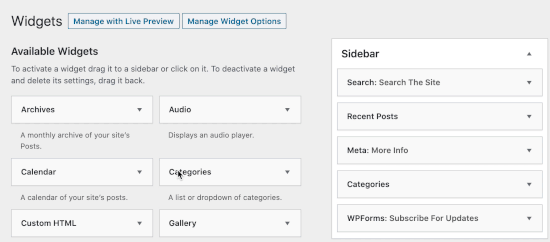 Drag and drop widget into sidebar