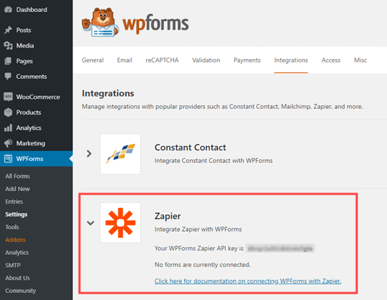 Get your API key from WPForms to use with Zapier