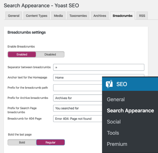 Yoast breadcrumb settings