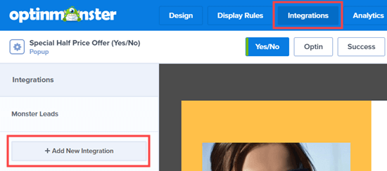 Click to add a new integration in OptinMonster