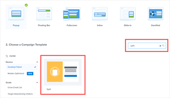 Selecting the Split template to use for the Yes/No optin