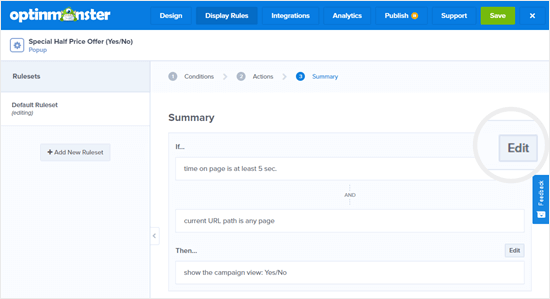 The default display rules for your campaign in OptinMonster