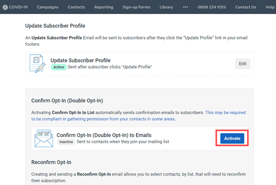 Activate the double optin option in Constant Contact by clicking the 'Activate' button