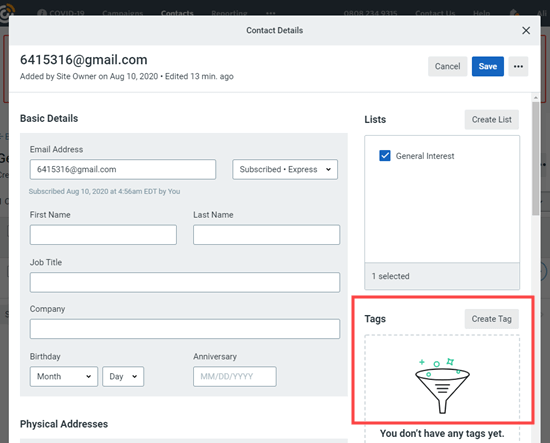 Adding tags to a potential spambot newsletter subscriber in Constant Contact