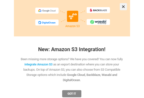 Picture of the welcome module announcing Amazon S3