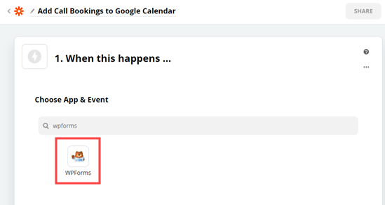 Select WPForms as your trigger app in Zapier