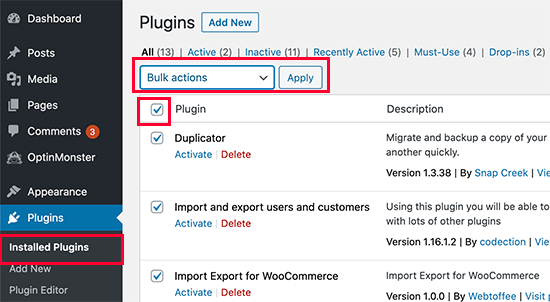 Deactivate all WordPress plugins