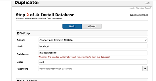 Duplicator database information