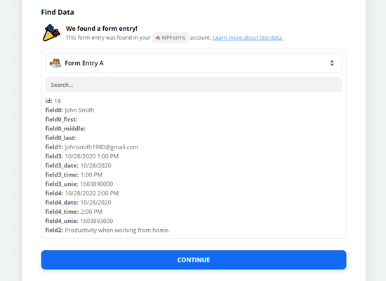 The data from the test contact form entry that Zapier has found