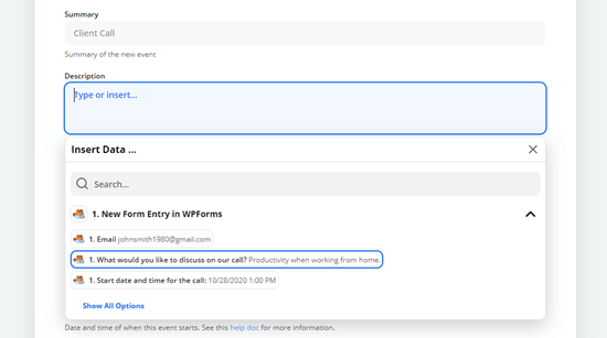 Select the form field that you want to use for the Google Calendar event's description