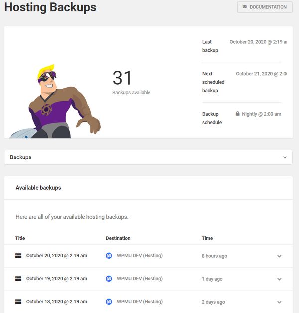 Screenshot of the hosting dashboard showing 31 backups