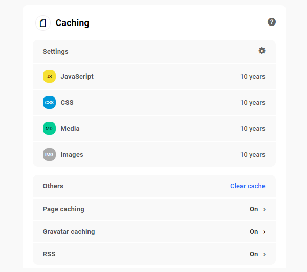 The Hub: Performance tab - Caching panel.