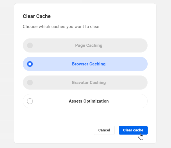 The Hub: Performance tab - clear cache link.