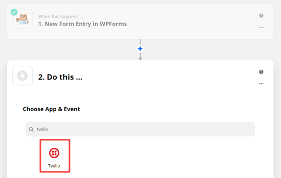 Select the Twilio app for your action app in Zapier