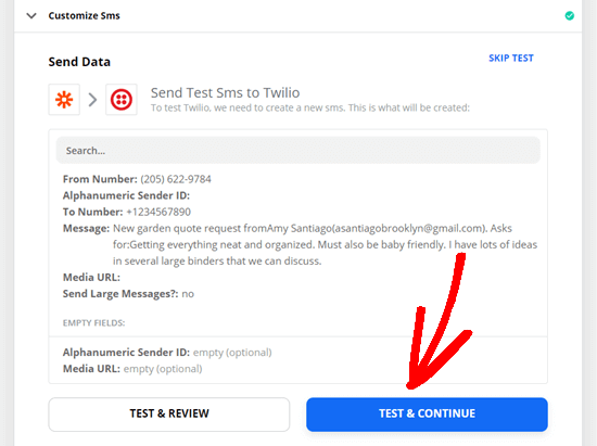 Sending a test SMS through Zapier