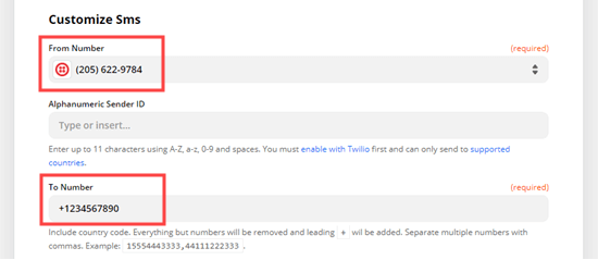 Selecting the From number and entering the To number in Twilio