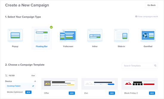 Creating a floating bar campaign in OptinMonster