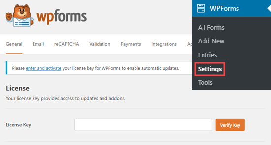 Entering your WPForms license key on your site