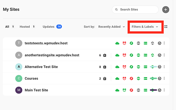 Filters and labels dropdown.