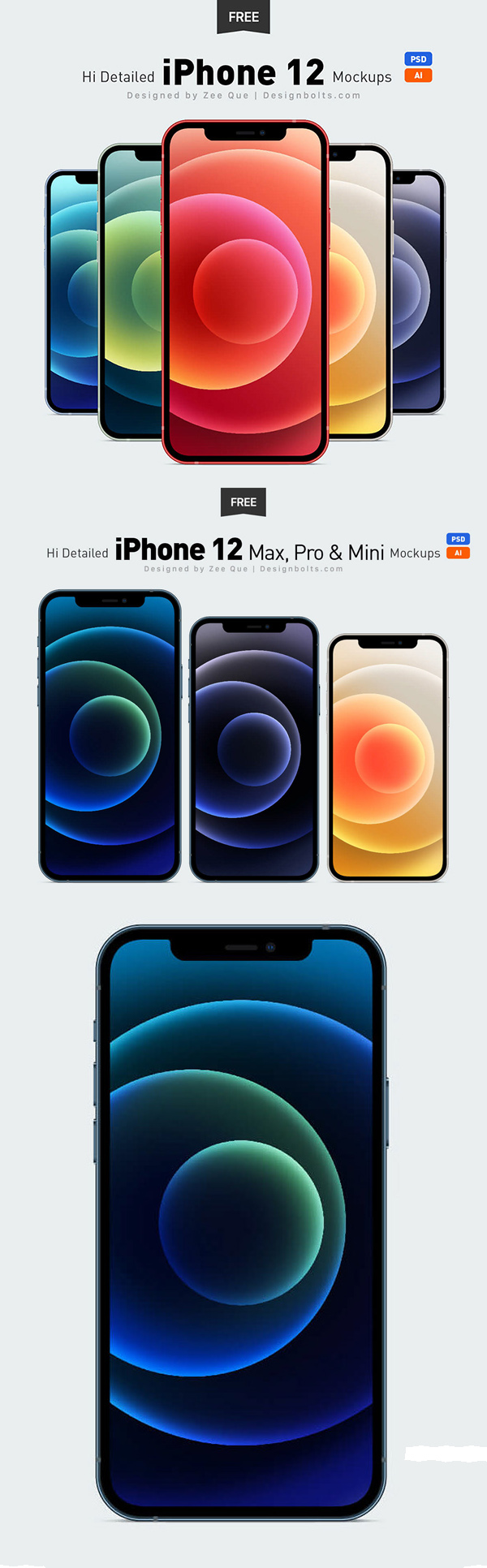 Free iPhone 12, iPhone 12 Pro & Max Ai & Mockup PSD Set