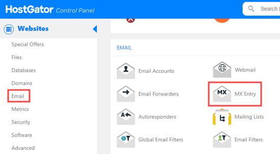 Opening up the MX Entry page for your domain