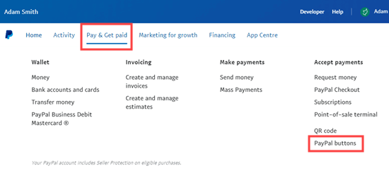 Selecting the PayPal Buttons menu option