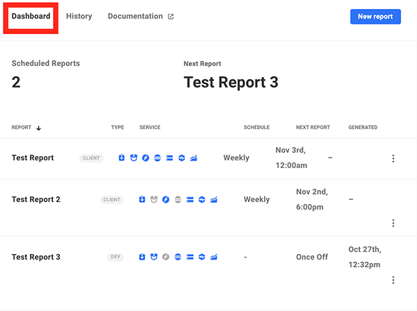The reports dashboard.